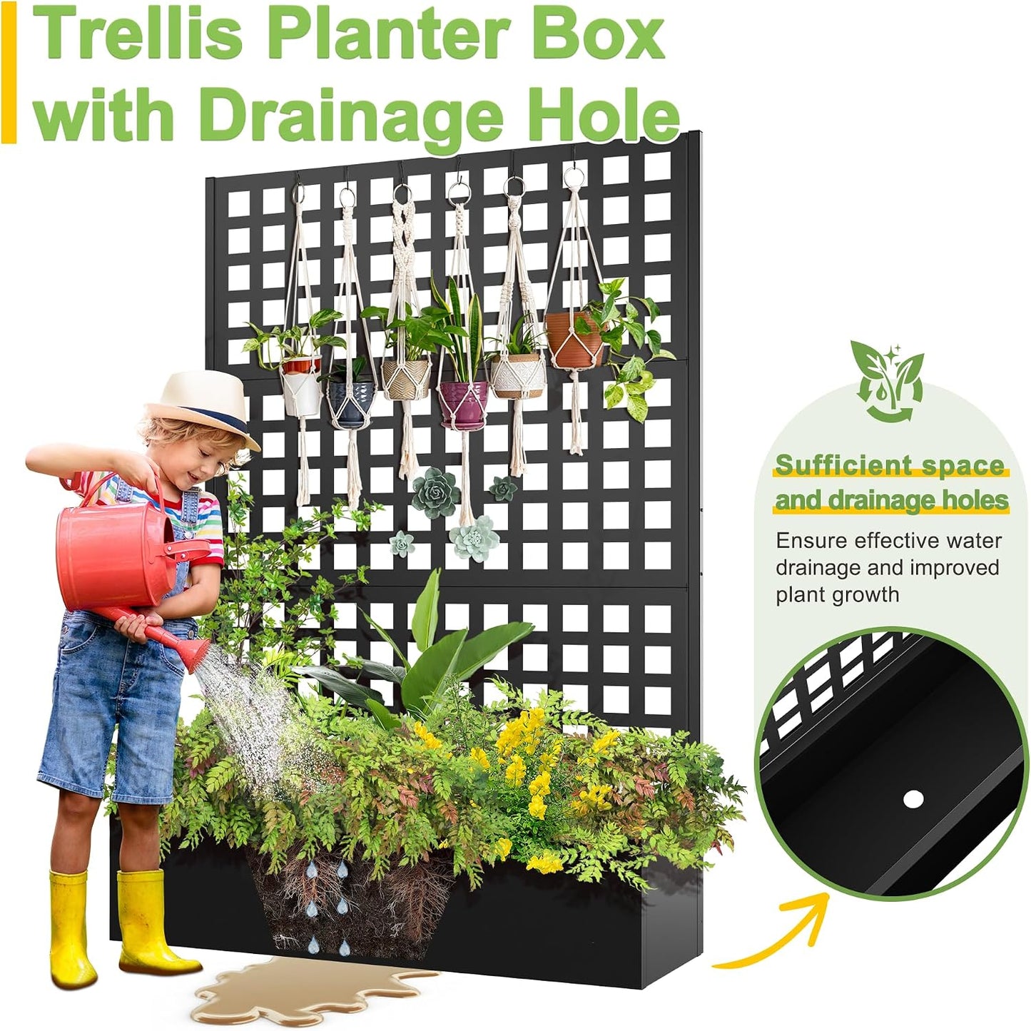 71" H Metal Planter Box with Trellis, Black Louvered