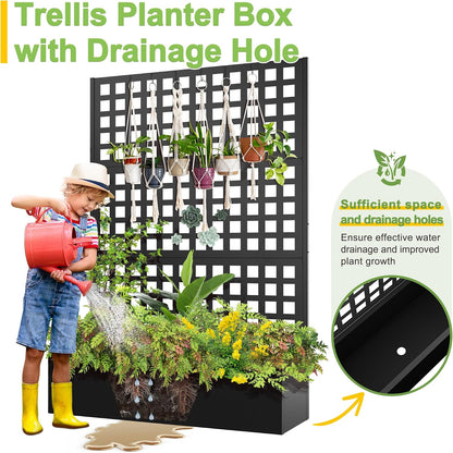 71" H Metal Planter Box with Trellis, Black Louvered