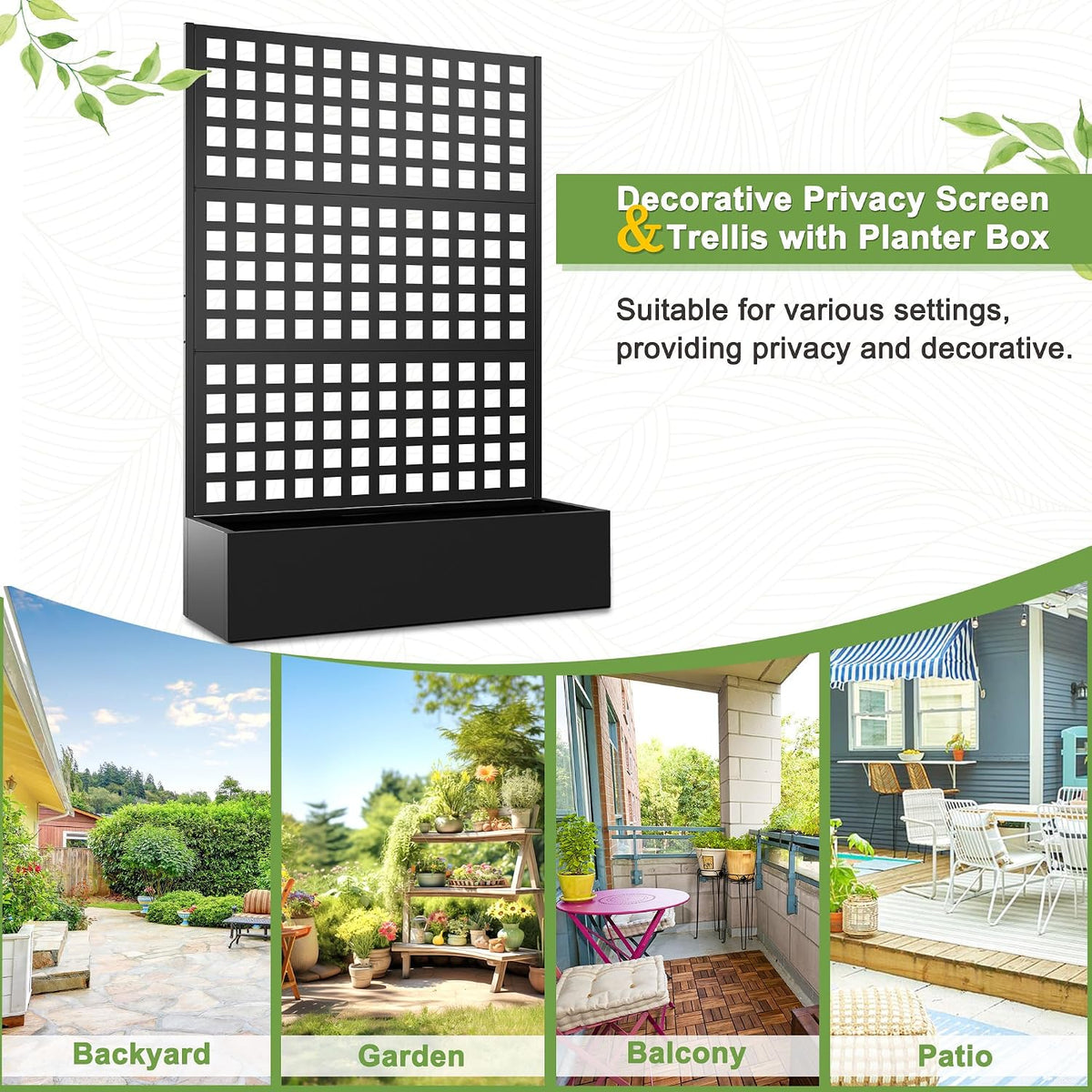 71" H Metal Planter Box with Trellis, Black Louvered