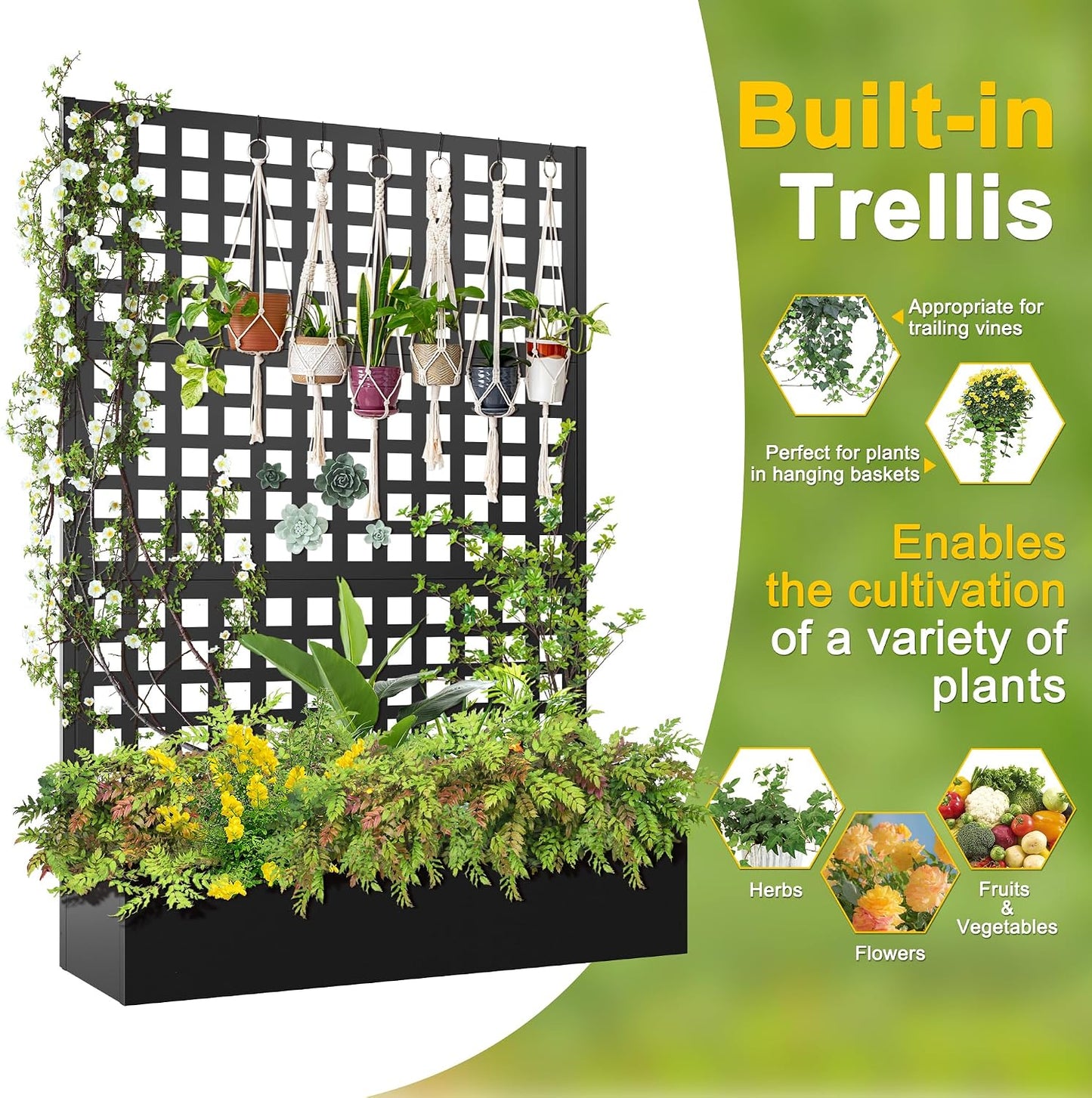 71" H Metal Planter Box with Trellis, Black Louvered