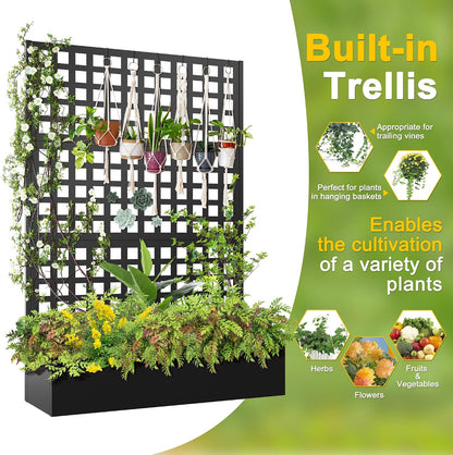 71" H Metal Planter Box with Trellis, Black Louvered