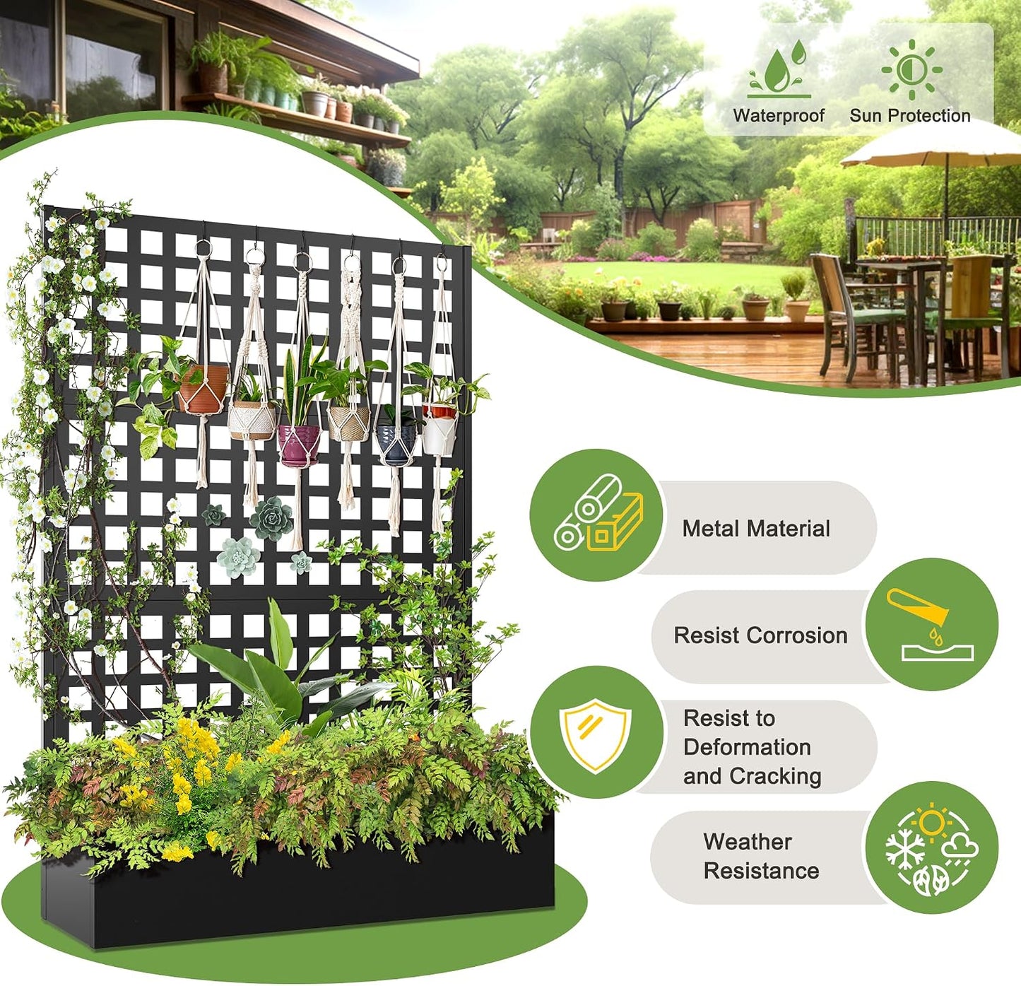 71" H Metal Planter Box with Trellis, Black Louvered