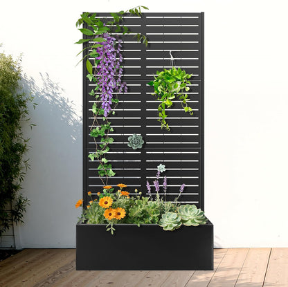 71" H Metal Planter Box with Trellis, Black Louvered