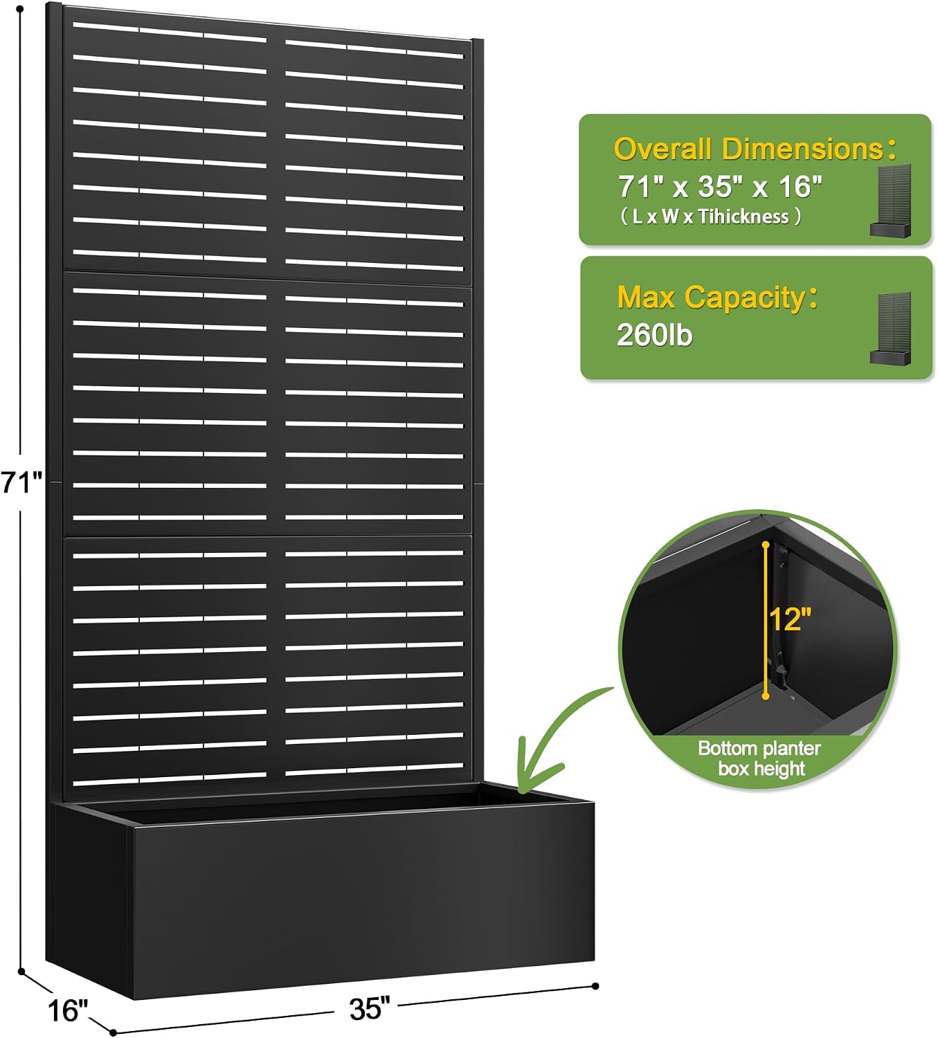71" H Metal Planter Box with Trellis, Black Louvered
