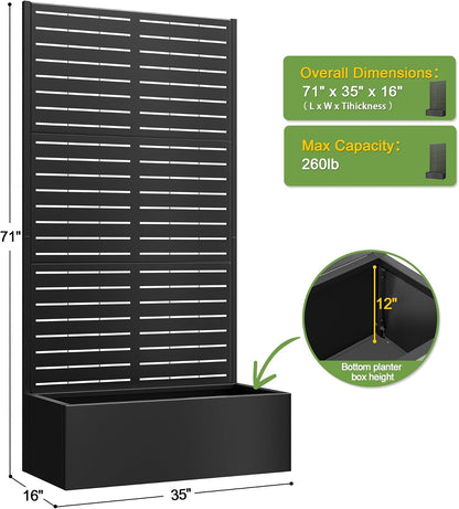 71" H Metal Planter Box with Trellis, Black Louvered