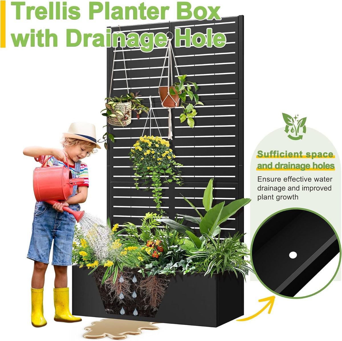 71" H Metal Planter Box with Trellis, Black Louvered