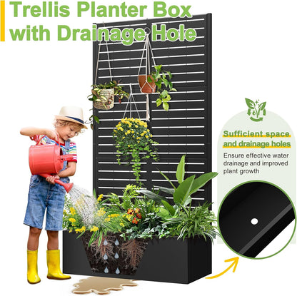 71" H Metal Planter Box with Trellis, Black Louvered