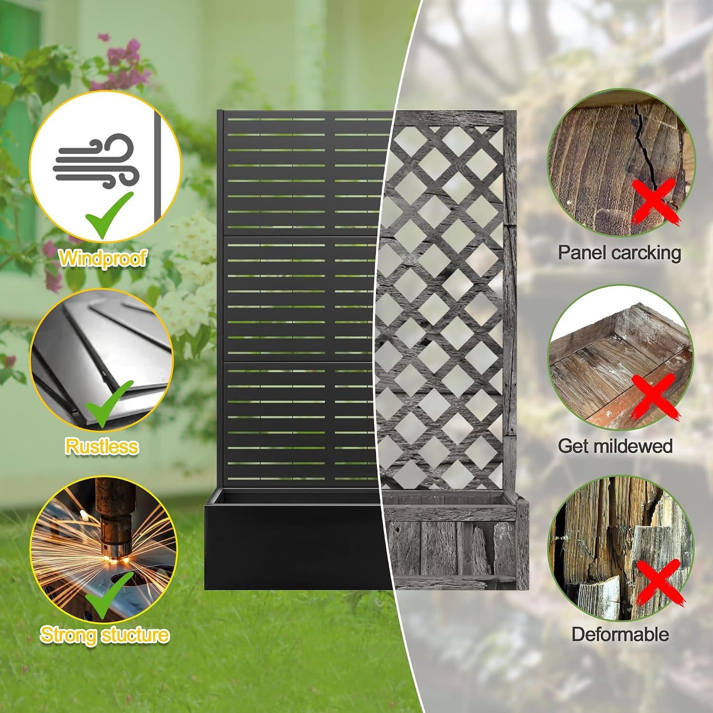 71" H Metal Planter Box with Trellis, Black Louvered