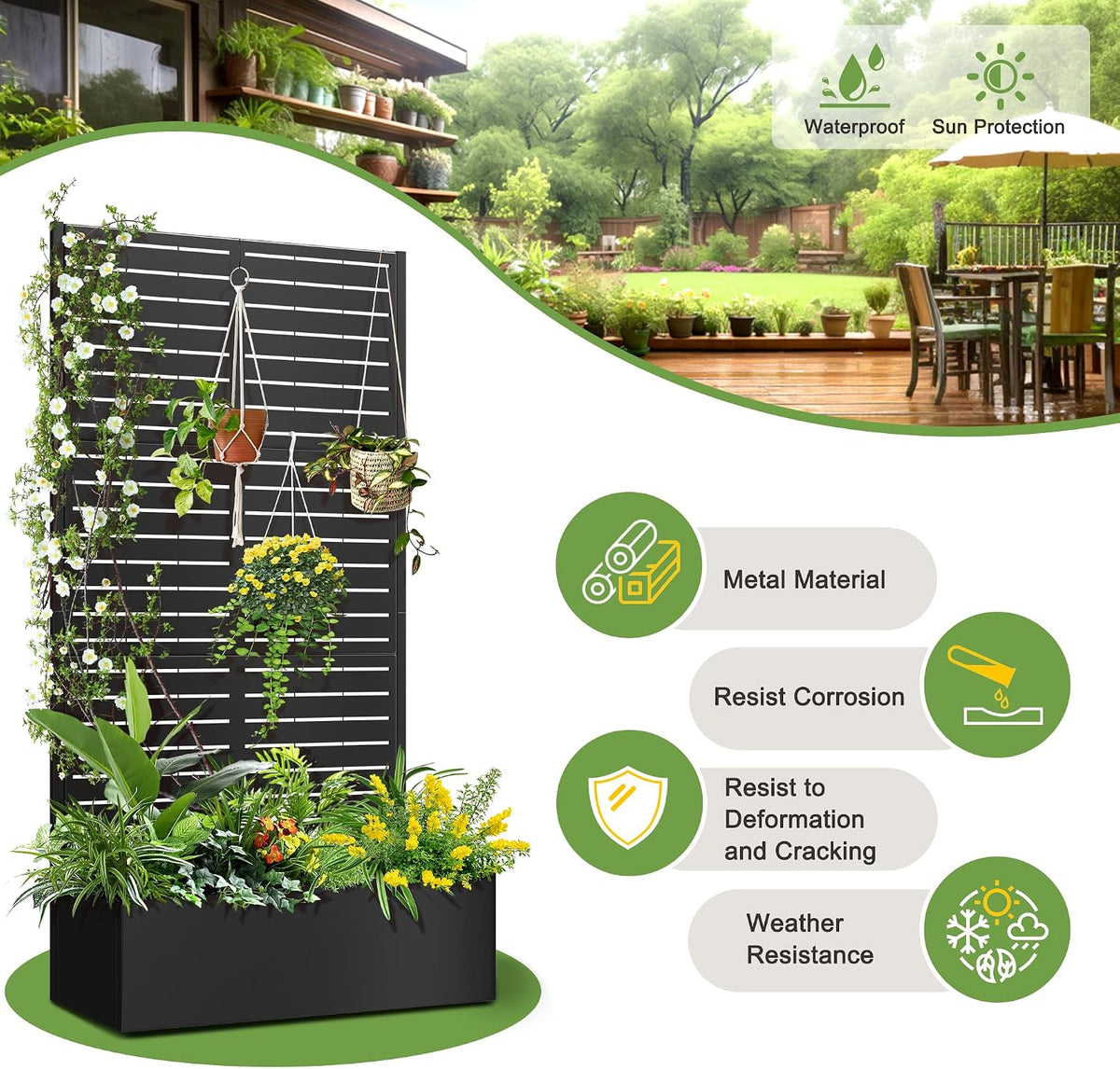 71" H Metal Planter Box with Trellis, Black Louvered