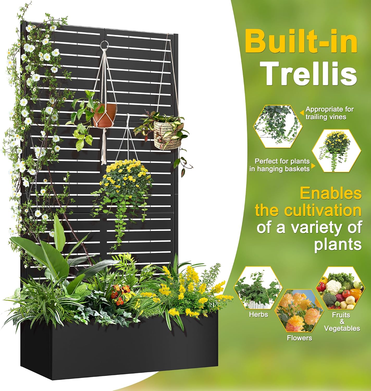 71" H Metal Planter Box with Trellis, Black Louvered