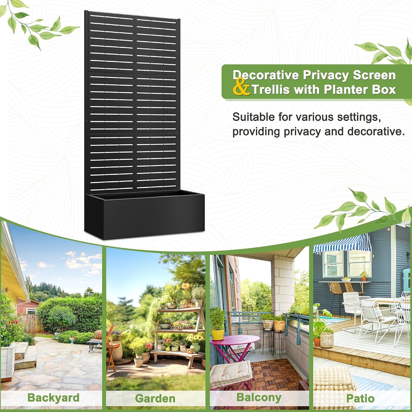 71" H Metal Planter Box with Trellis, Black Louvered