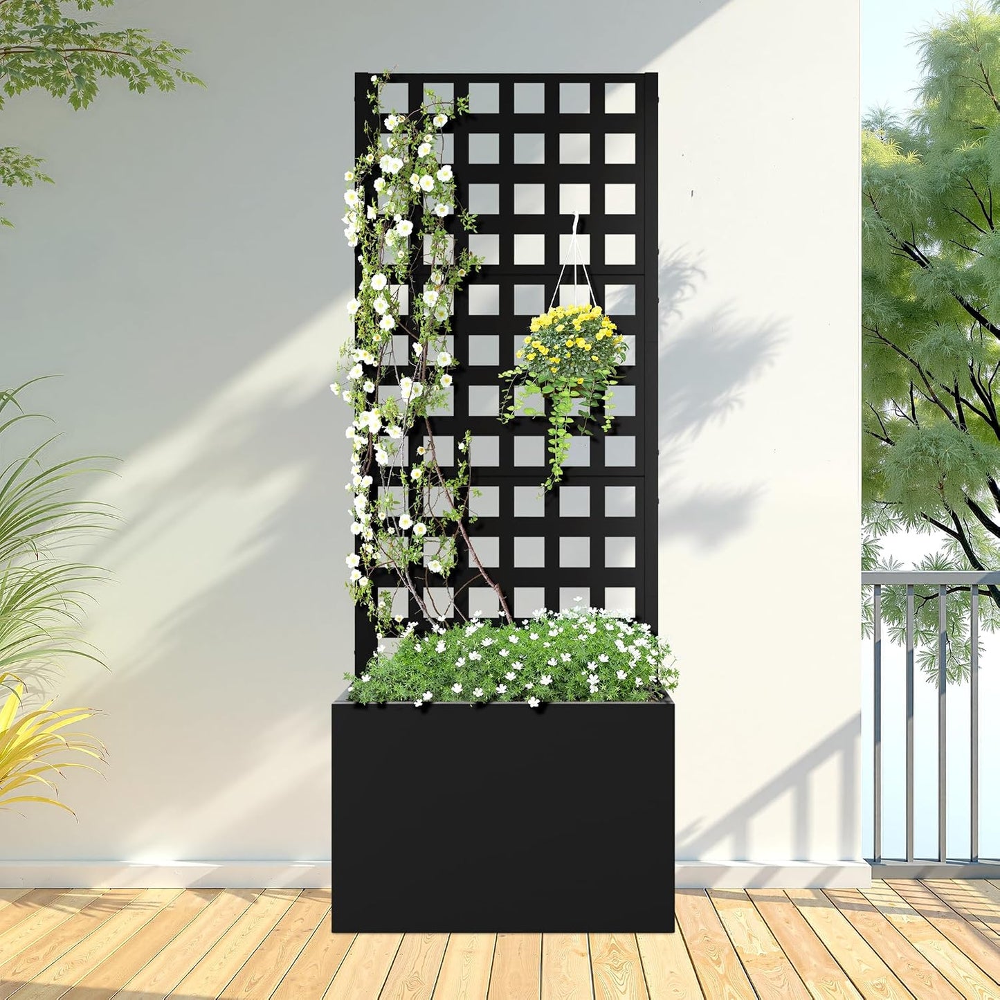 71" H Metal Planter Box with Trellis, Black Louvered
