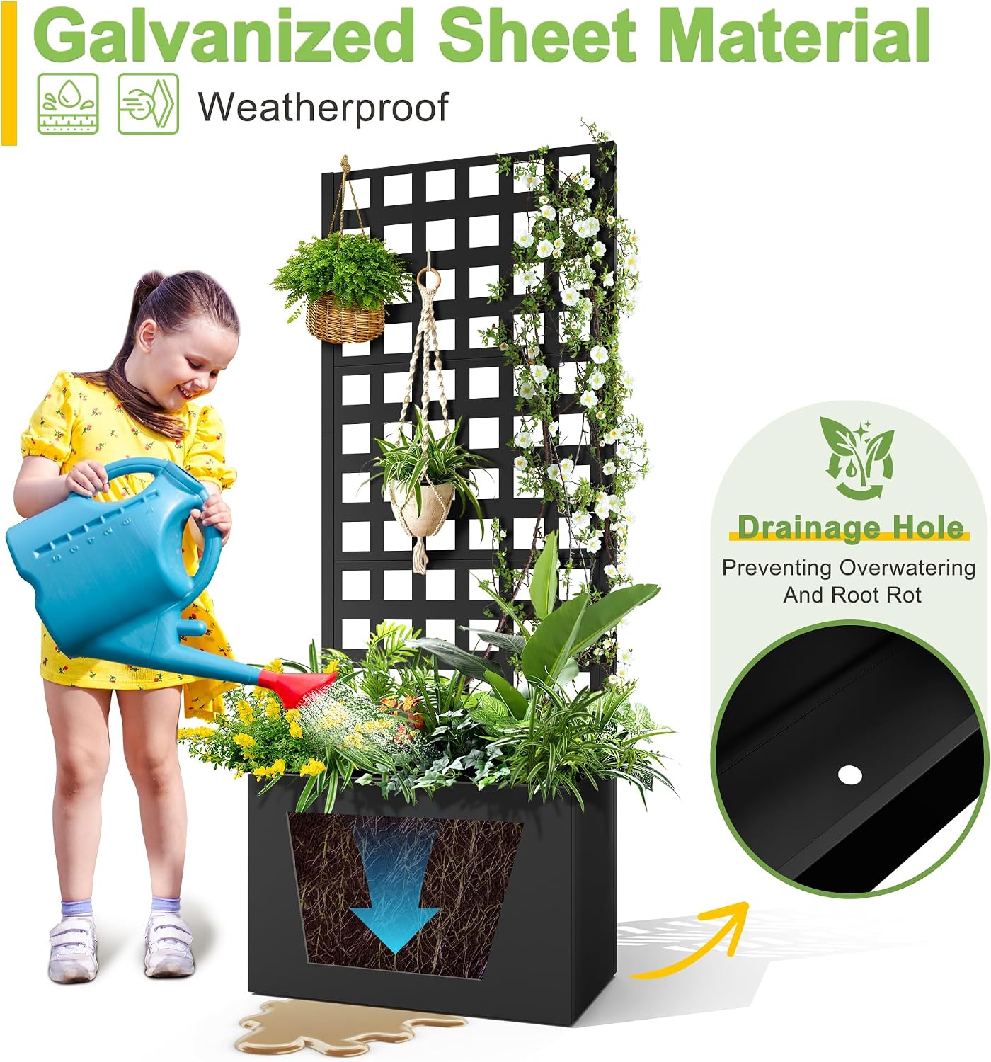 71" H Metal Planter Box with Trellis, Black Louvered