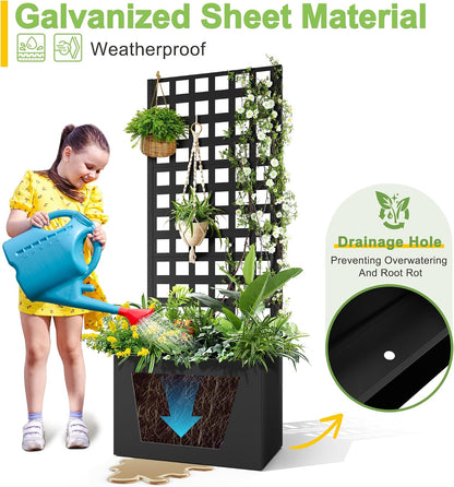 71" H Metal Planter Box with Trellis, Black Louvered