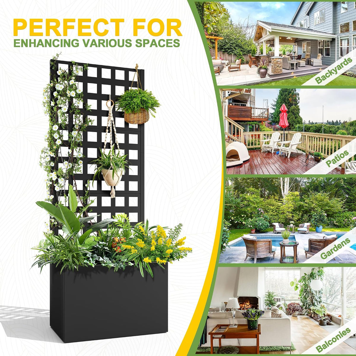 71" H Metal Planter Box with Trellis, Black Louvered