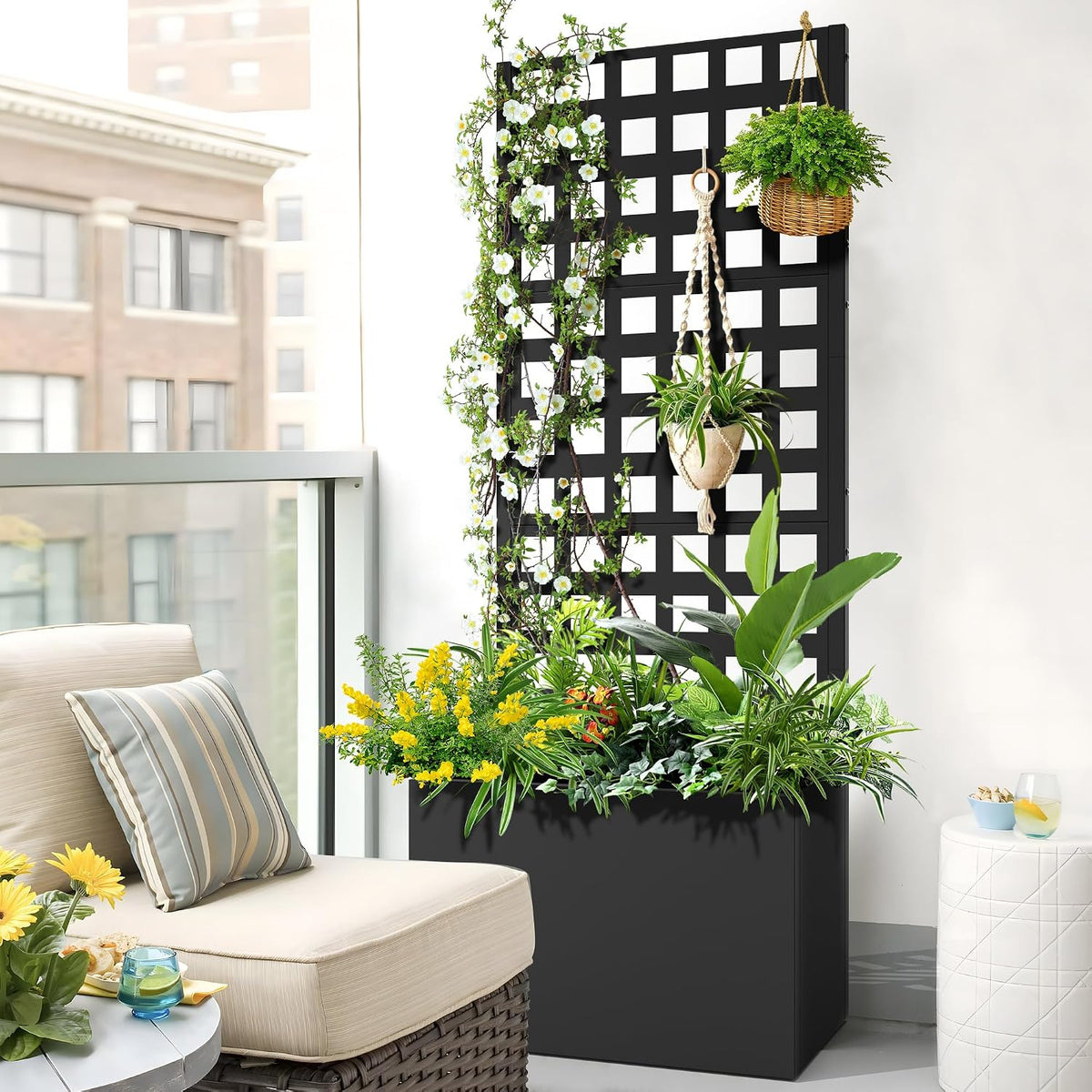 71" H Metal Planter Box with Trellis, Black Louvered