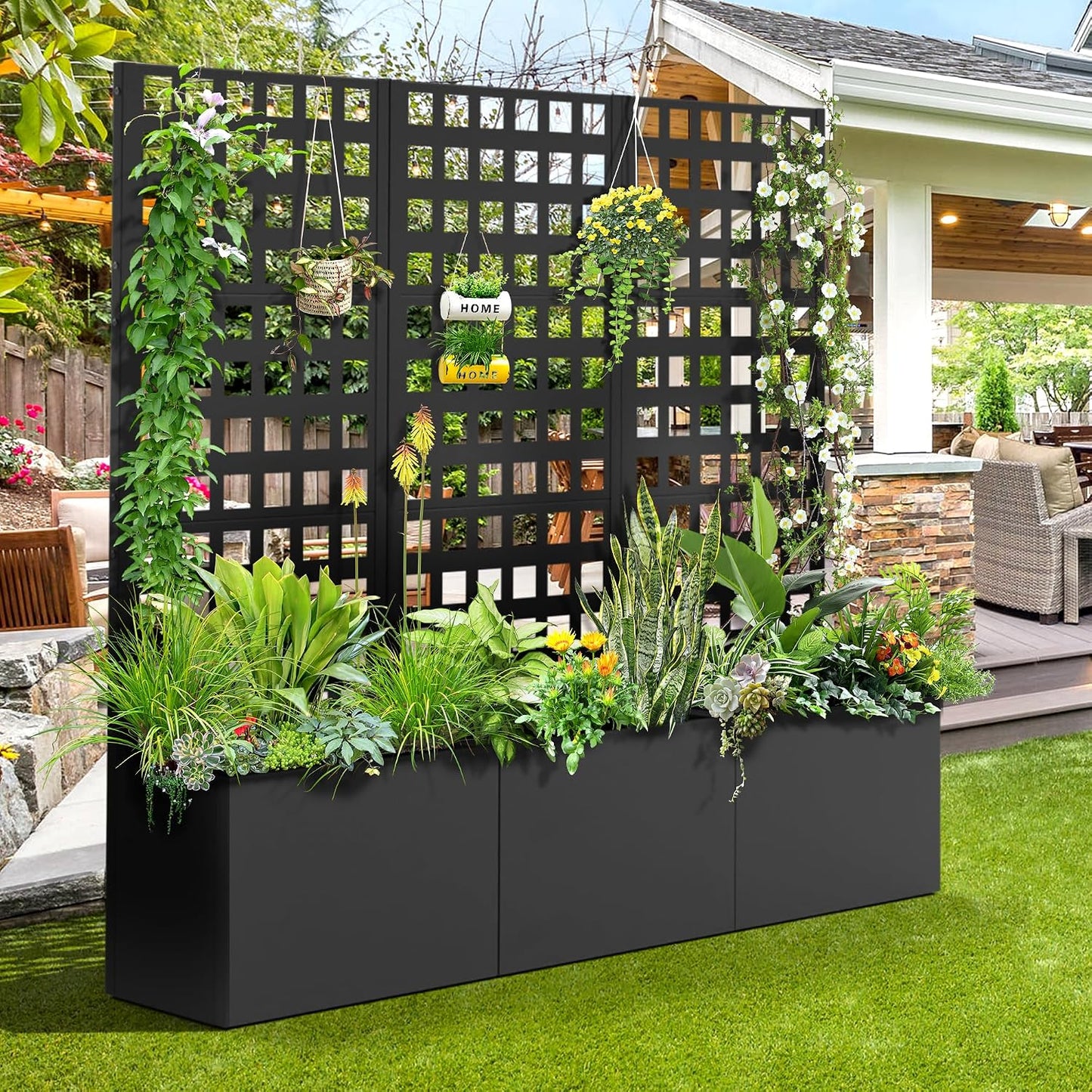 71" H Metal Planter Box with Trellis, Black Louvered