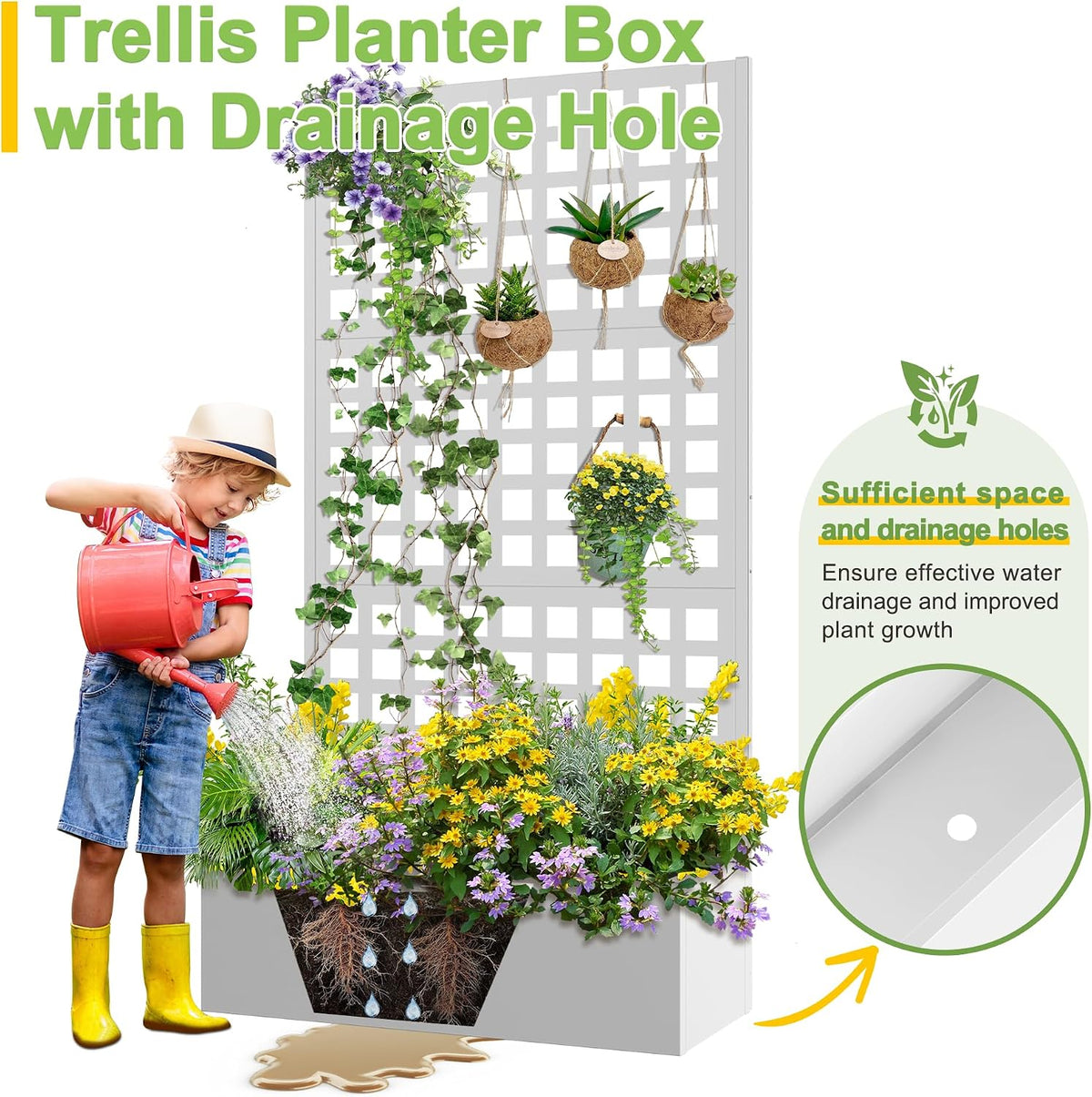 71" H Metal Planter Box with Trellis, Black Louvered