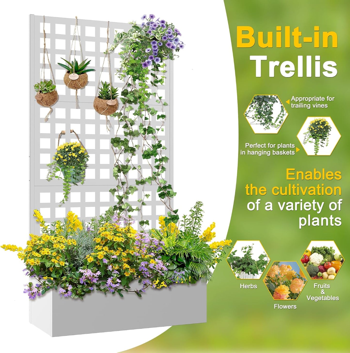 71" H Metal Planter Box with Trellis, Black Louvered