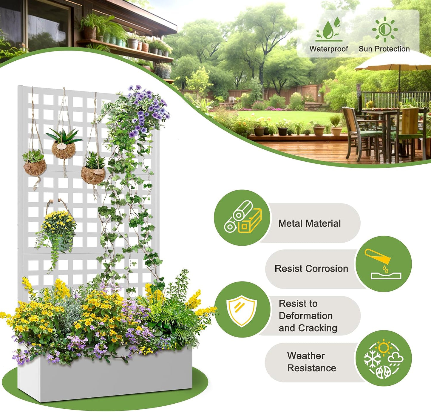 71" H Metal Planter Box with Trellis, Black Louvered