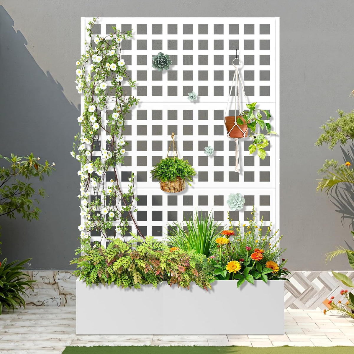 71" H Metal Planter Box with Trellis, Black Louvered