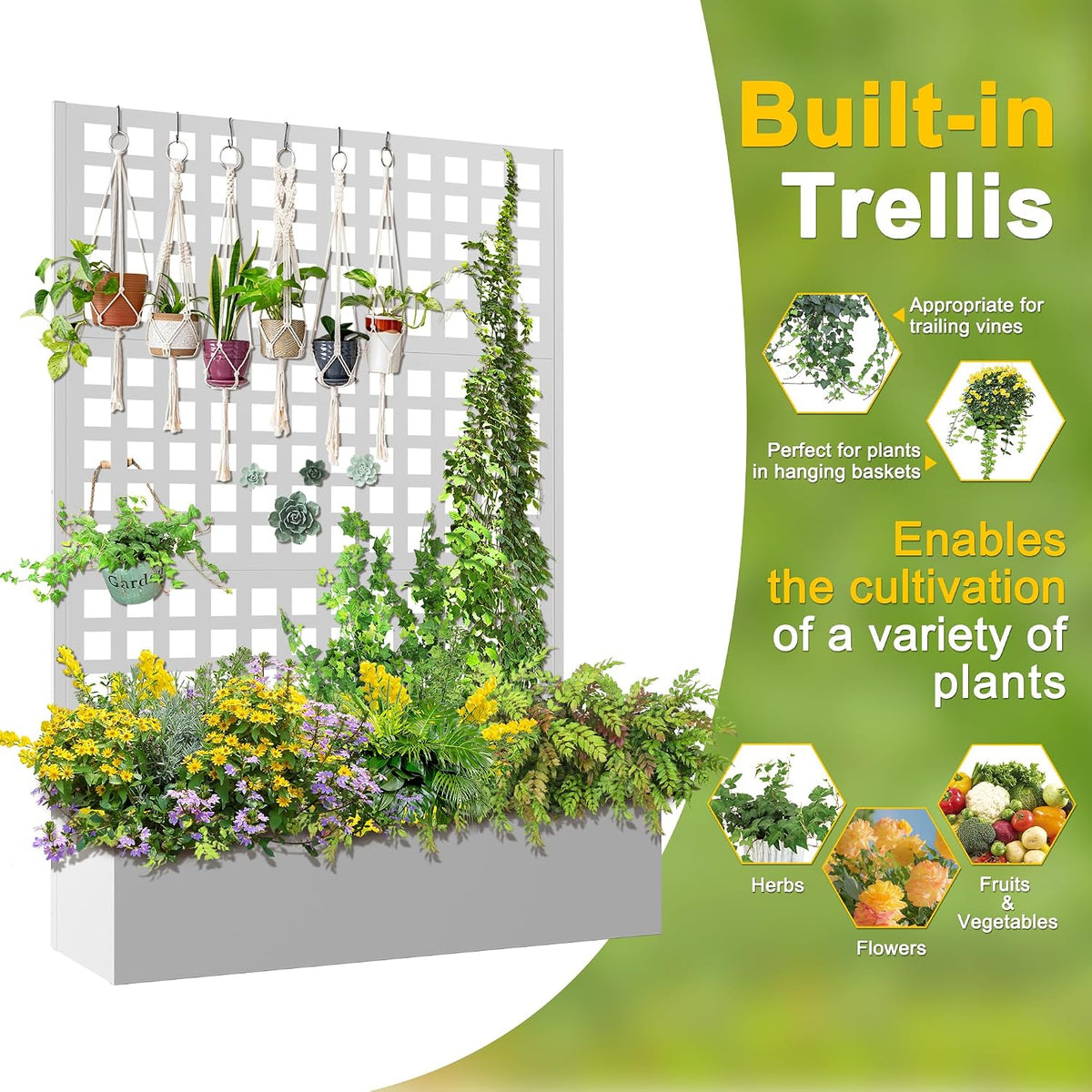 71" H Metal Planter Box with Trellis, Black Louvered