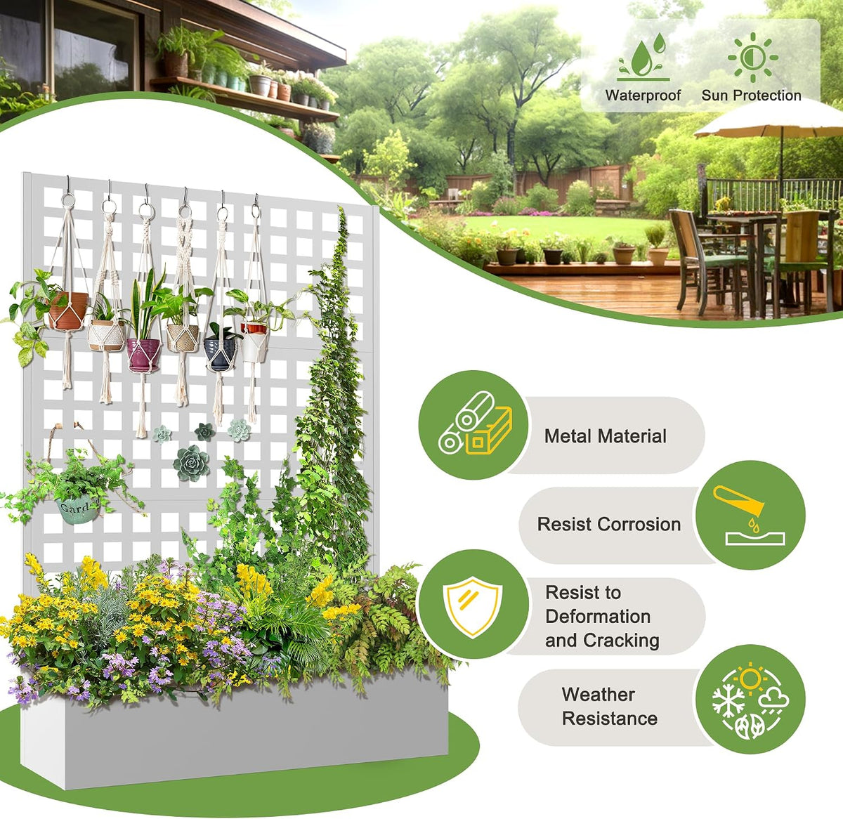 71" H Metal Planter Box with Trellis, Black Louvered
