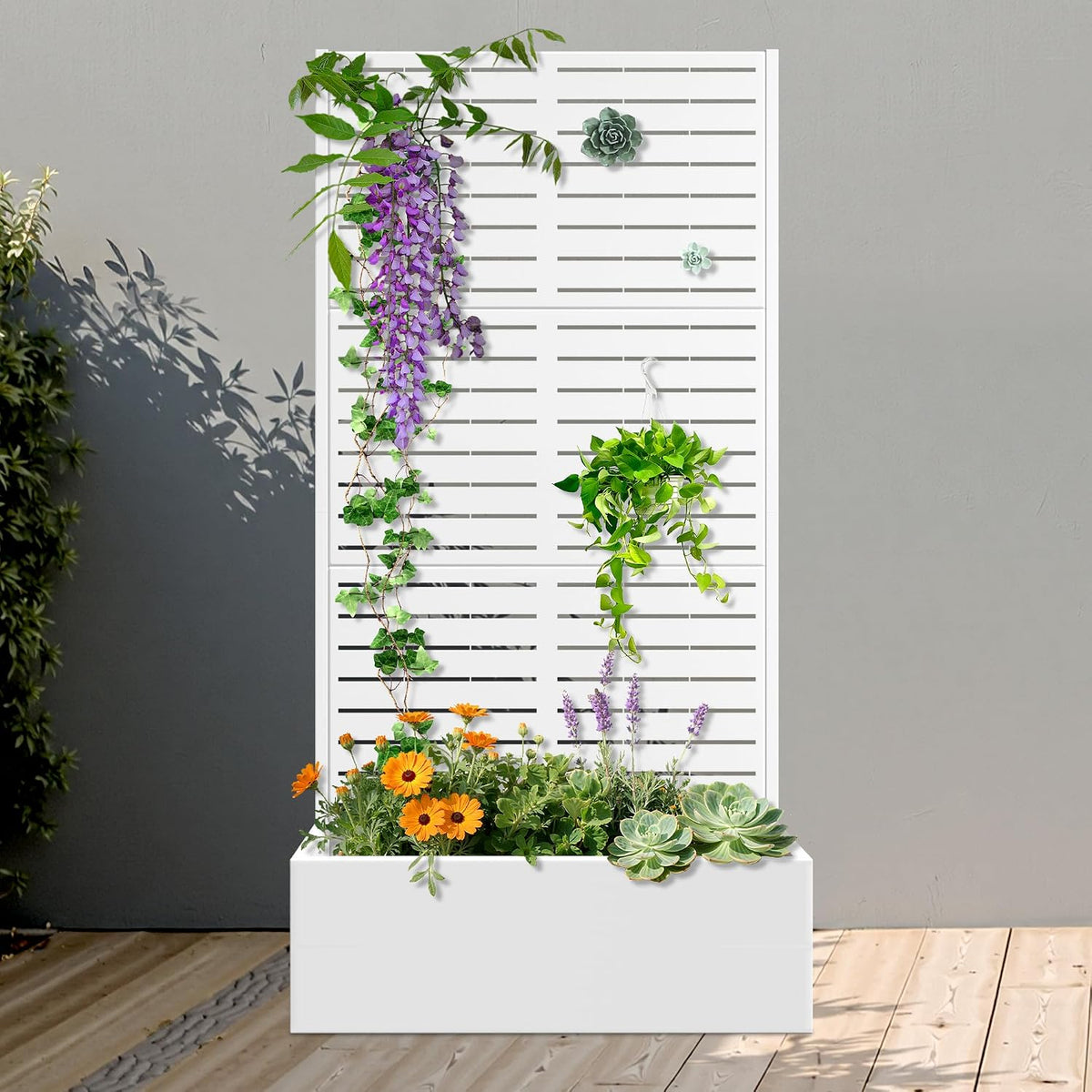 71" H Metal Planter Box with Trellis, Black Louvered