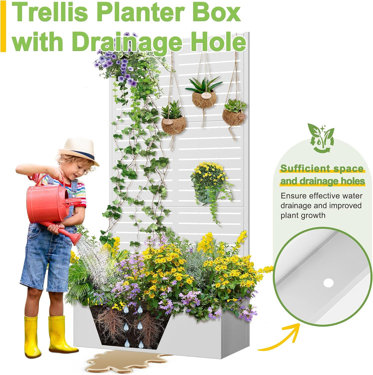 71" H Metal Planter Box with Trellis, Black Louvered
