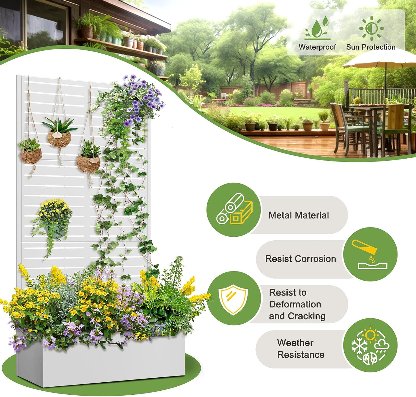 71" H Metal Planter Box with Trellis, Black Louvered