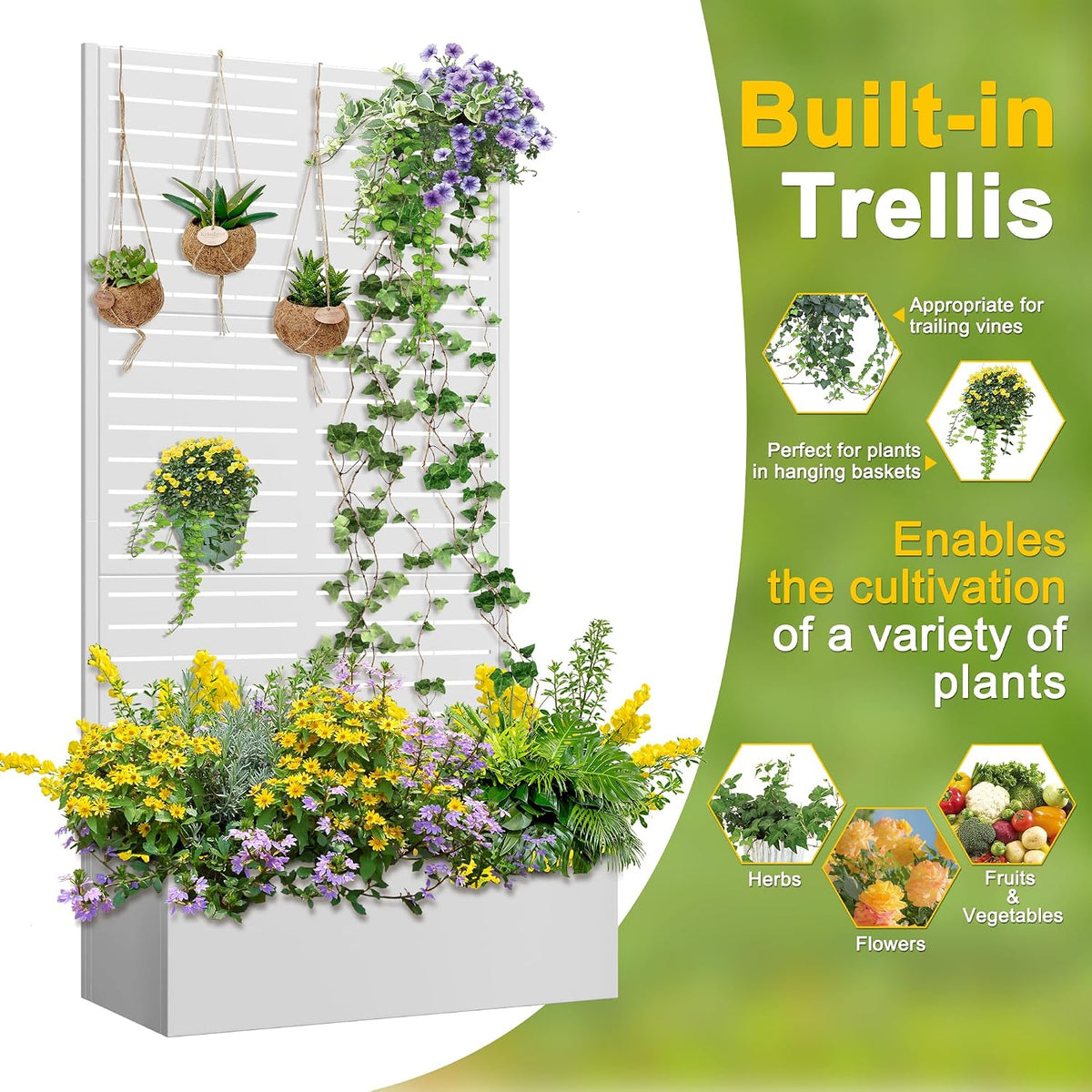 71" H Metal Planter Box with Trellis, Black Louvered