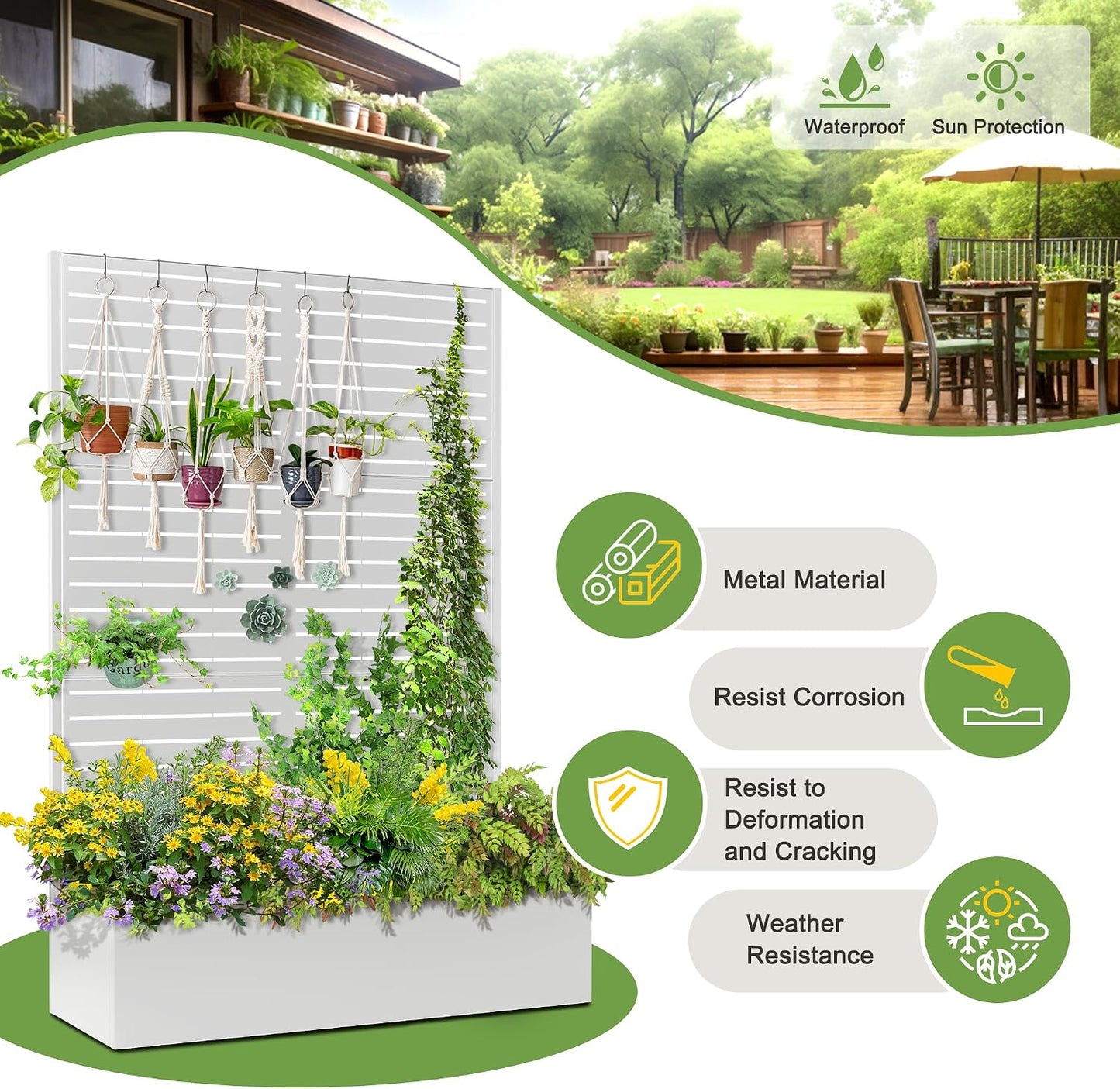 71" H Metal Planter Box with Trellis, Black Louvered