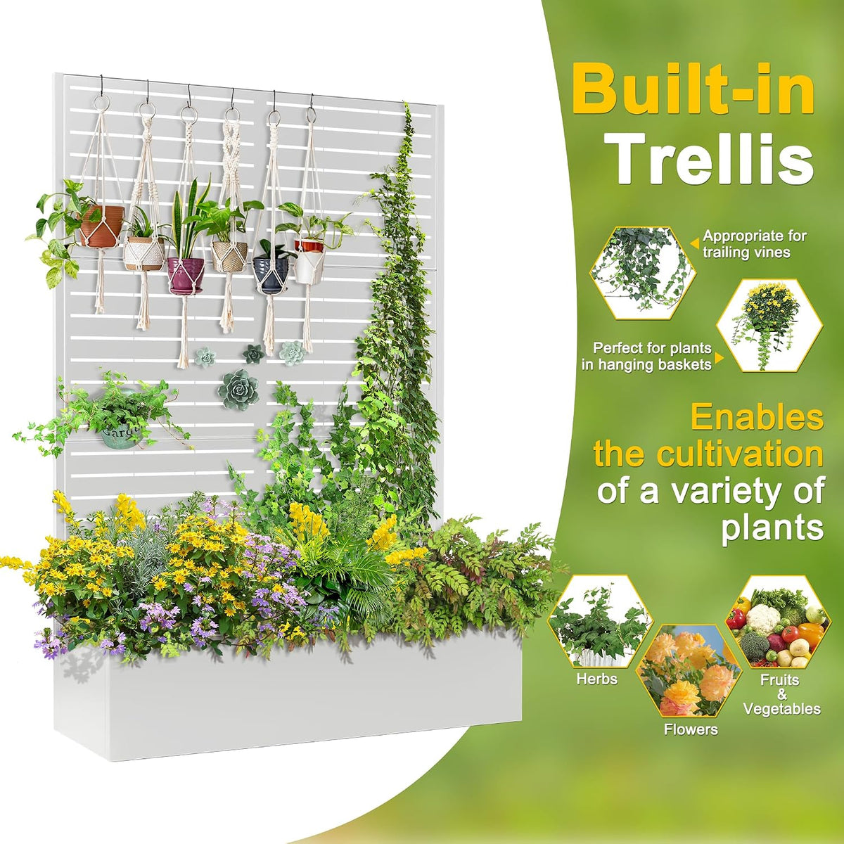 71" H Metal Planter Box with Trellis, Black Louvered