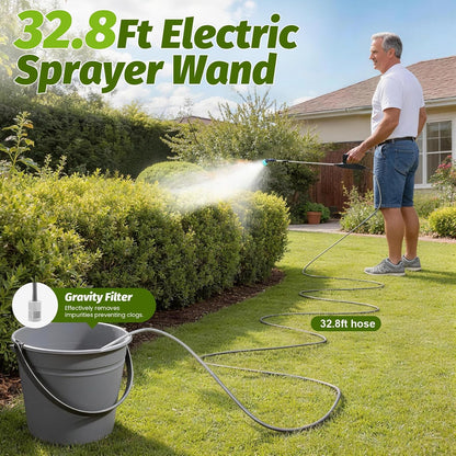 Battery Powered Sprayer Wand with 32.8FT Extended Hose, Electric Garden Sprayer with 3 Speeds & Battery Indicator, 4 Nozzles, 7.4V Portable Weed Sprayer for Lawn Care, Fertilizing, Watering