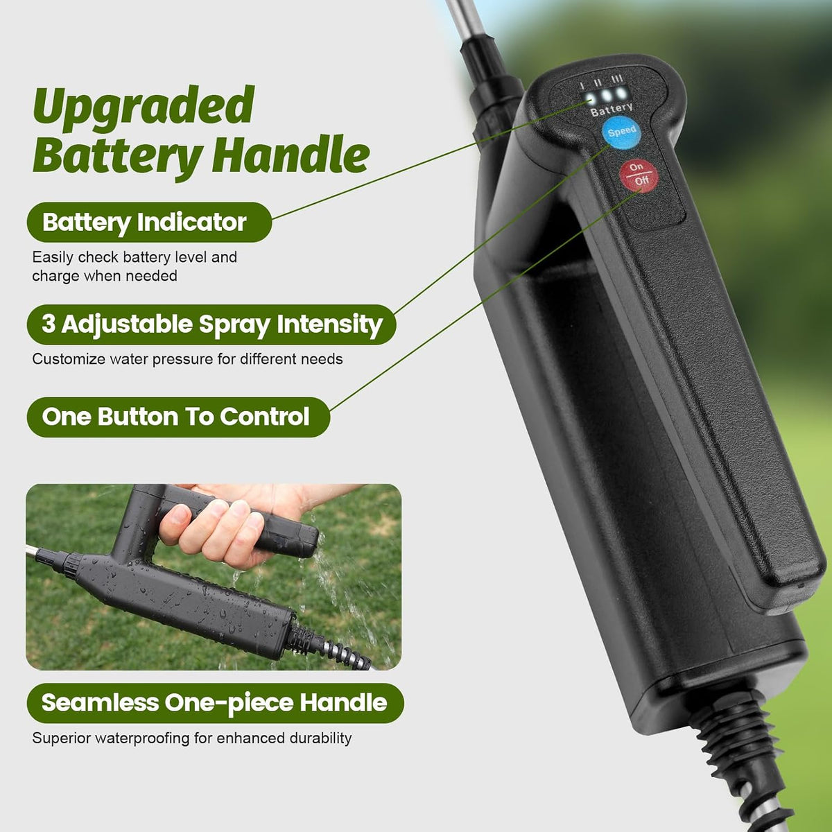 Battery Powered Sprayer Wand with 32.8FT Extended Hose, Electric Garden Sprayer with 3 Speeds & Battery Indicator, 4 Nozzles, 7.4V Portable Weed Sprayer for Lawn Care, Fertilizing, Watering