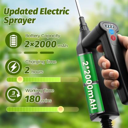 Battery Powered Sprayer Wand with 32.8FT Extended Hose, Electric Garden Sprayer with 3 Speeds & Battery Indicator, 4 Nozzles, 7.4V Portable Weed Sprayer for Lawn Care, Fertilizing, Watering