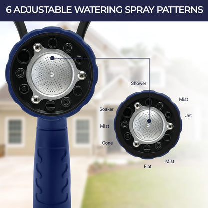Garden Hose Nozzle, 6 Spray Patterns Heavy Duty Metal Water Nozzle with High Pressure for Watering, Cleaning, Washing (Blue)