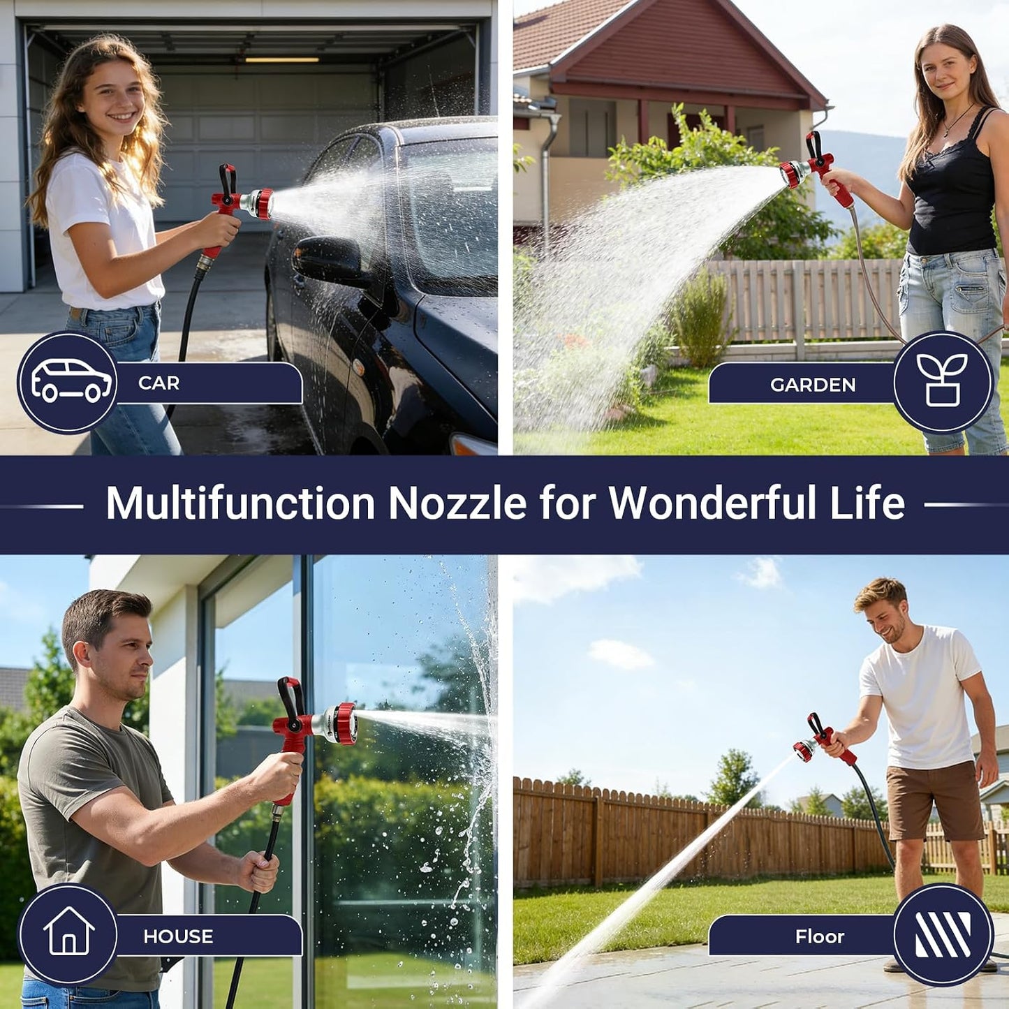 Garden Hose Nozzle, 6 Spray Patterns Heavy Duty Metal Water Nozzle with High Pressure for Watering, Cleaning, Washing (Blue)