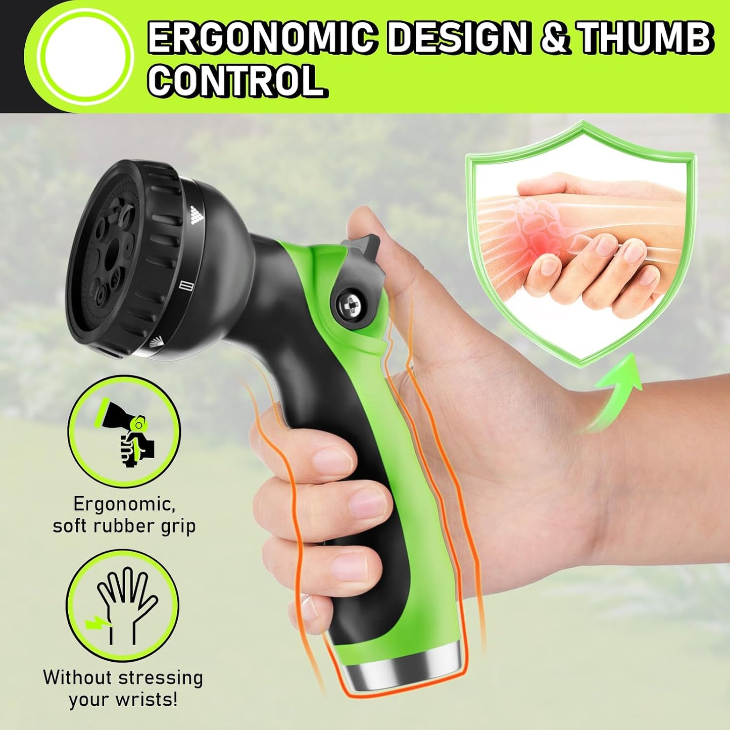 Garden Hose Nozzle with 8 Adjustable Spray Patterns, ABS Hose Sprayer Nozzles with Thumb Control On Off Valve for Easy Flow Control, Use for Watering Plants & Lawns, Washing Cars & Pets