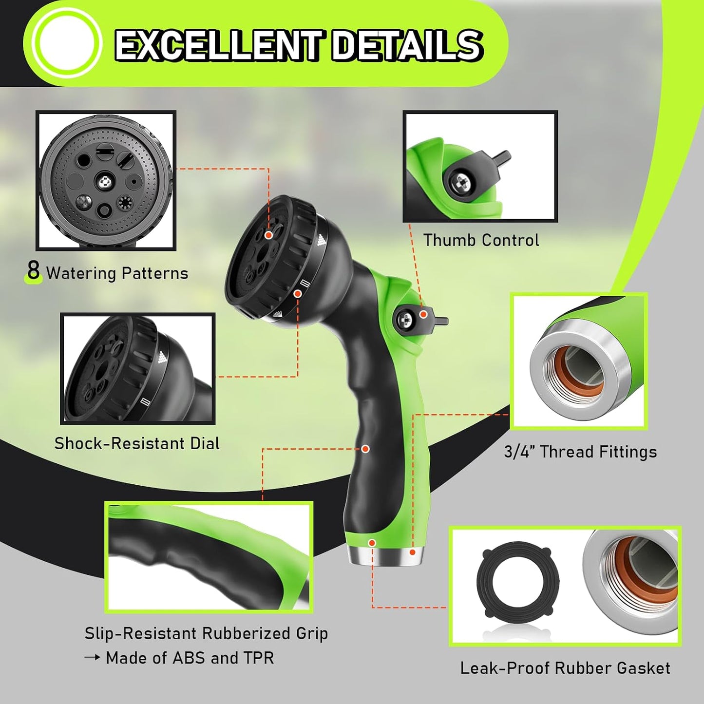 Garden Hose Nozzle with 8 Adjustable Spray Patterns, ABS Hose Sprayer Nozzles with Thumb Control On Off Valve for Easy Flow Control, Use for Watering Plants & Lawns, Washing Cars & Pets