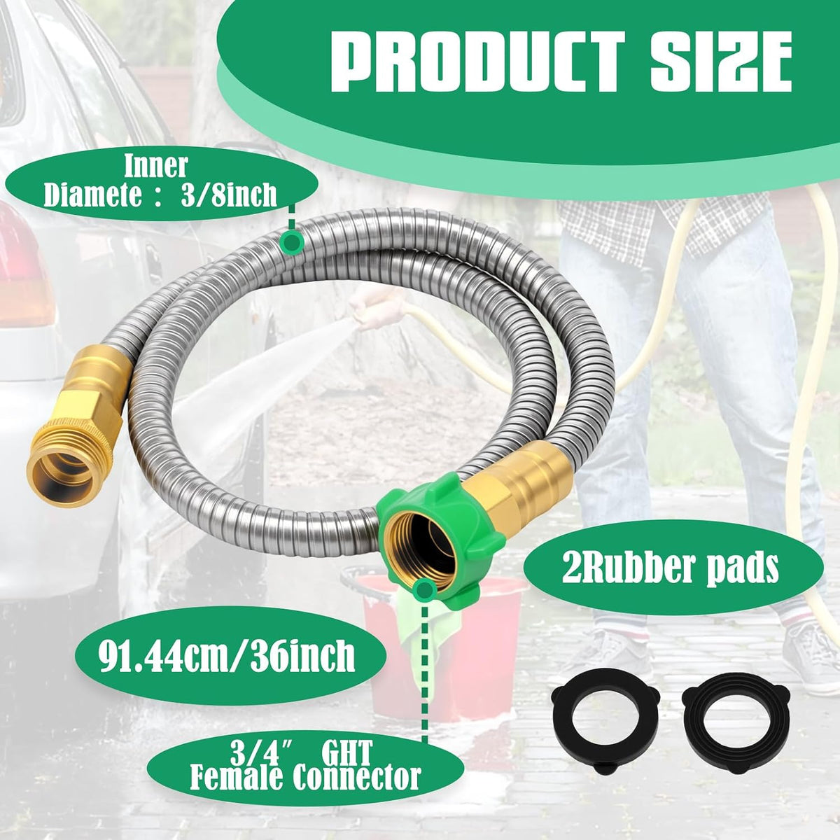 Short Garden Hose 5 FT, 304 Stainless Steel Garden Leader Hose with Female to Male Metal Connector, Leak Proof Drinking Water Hoses, Flexible Lightweight Extension Connection Pipe for Cleaning Car