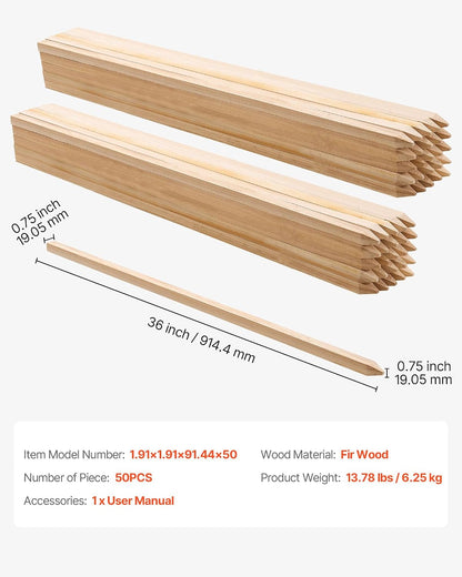 Wooden Garden Stakes, 50 Pcs 36x0.75x0.75 in Survey Grading Stakes, Garden Ground Stake with Sharp Point, Fir Wood Plant Support Stake, Sign Posts for Silt Fence Backyard Boundaries Baselines
