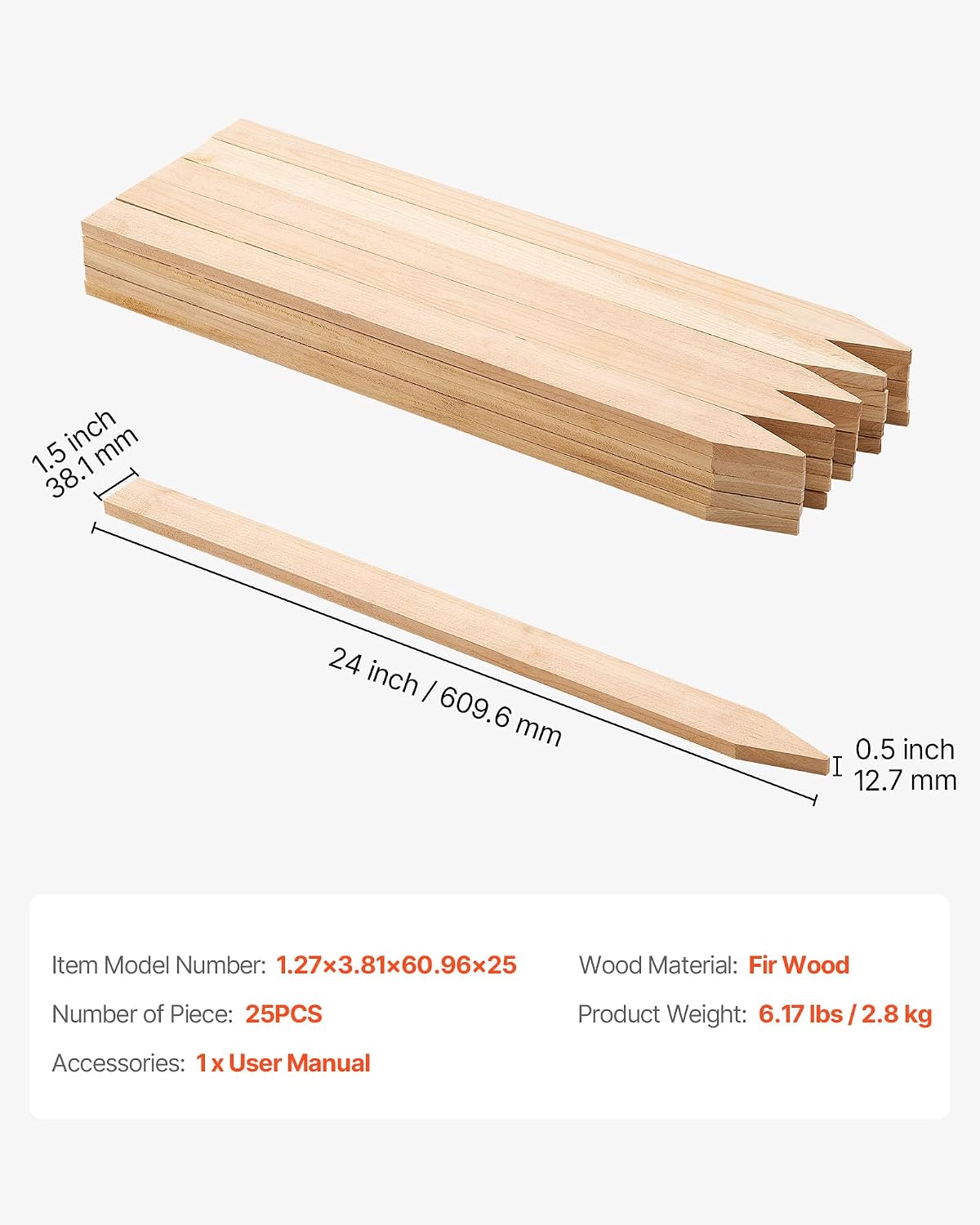 Wooden Garden Stakes, 50 Pcs 36x0.75x0.75 in Survey Grading Stakes, Garden Ground Stake with Sharp Point, Fir Wood Plant Support Stake, Sign Posts for Silt Fence Backyard Boundaries Baselines