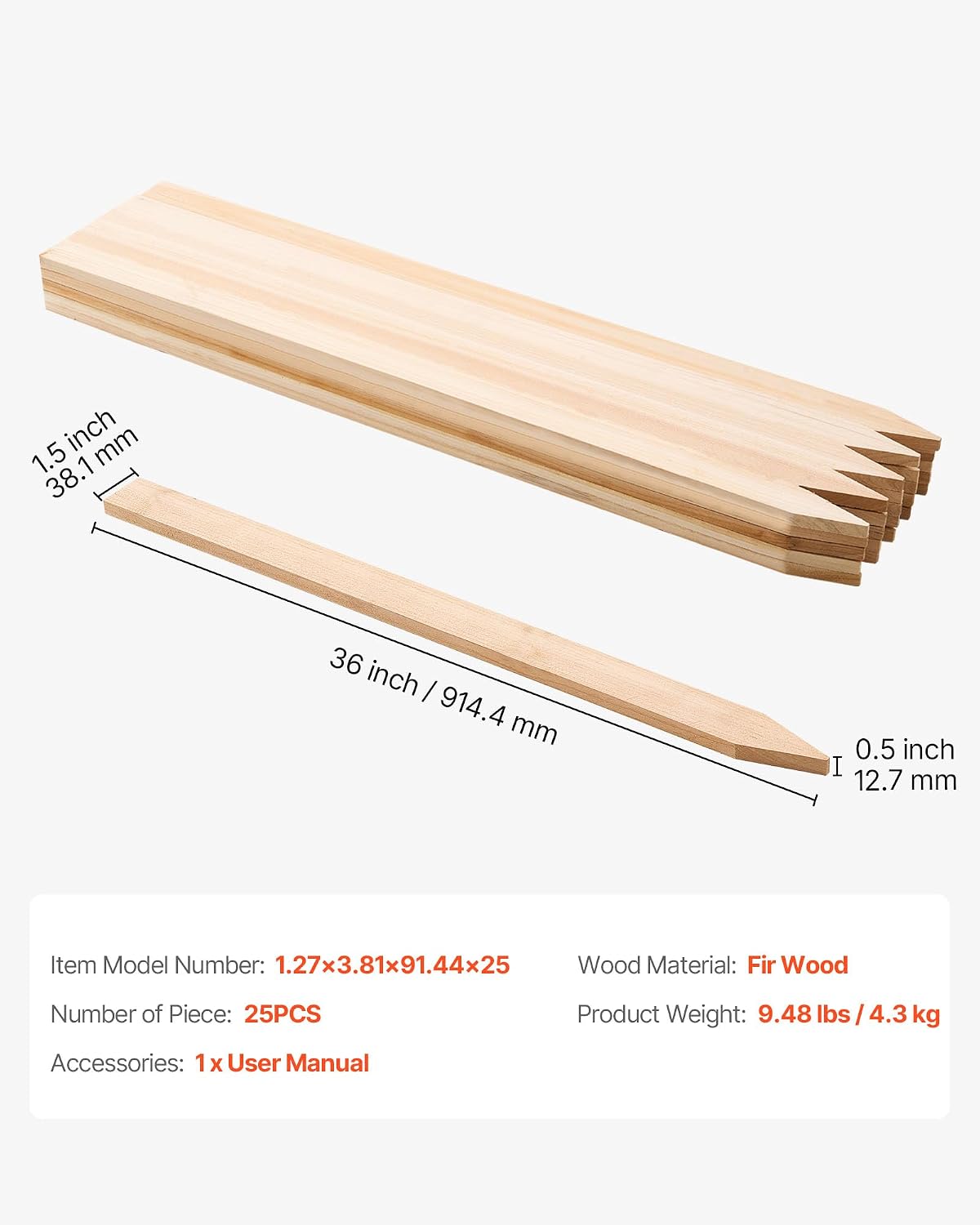 Wooden Garden Stakes, 50 Pcs 36x0.75x0.75 in Survey Grading Stakes, Garden Ground Stake with Sharp Point, Fir Wood Plant Support Stake, Sign Posts for Silt Fence Backyard Boundaries Baselines