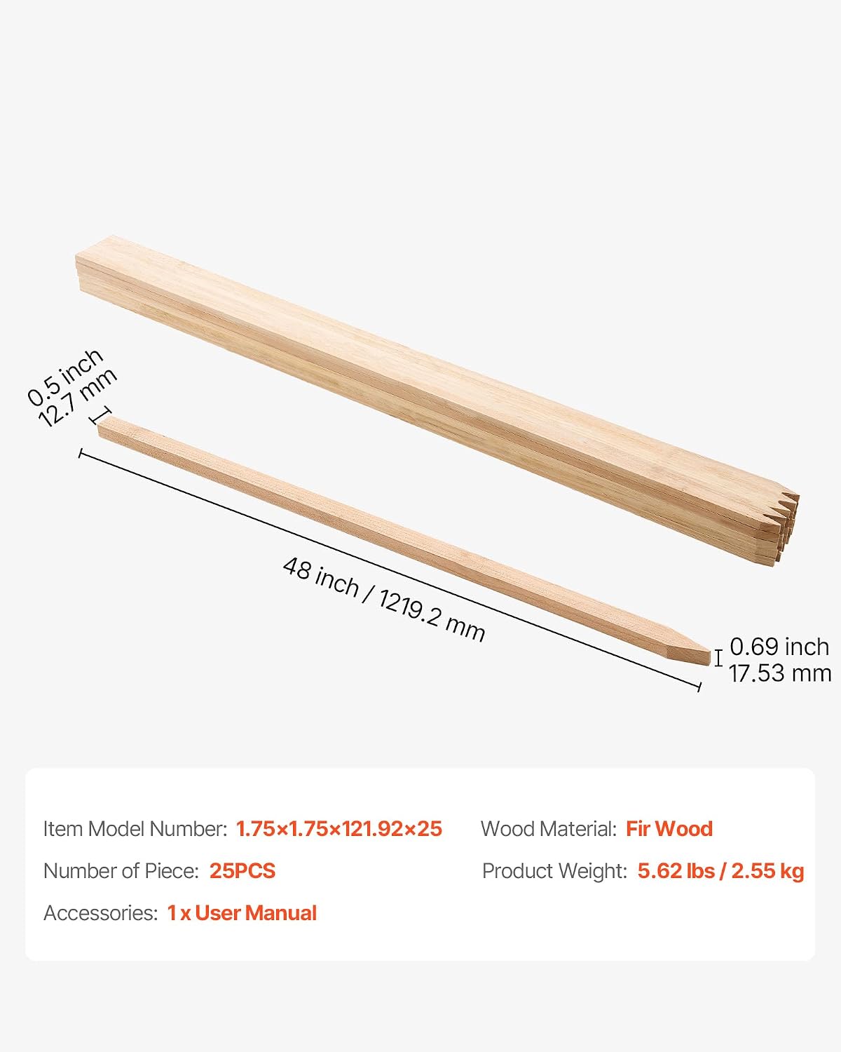 Wooden Garden Stakes, 50 Pcs 36x0.75x0.75 in Survey Grading Stakes, Garden Ground Stake with Sharp Point, Fir Wood Plant Support Stake, Sign Posts for Silt Fence Backyard Boundaries Baselines