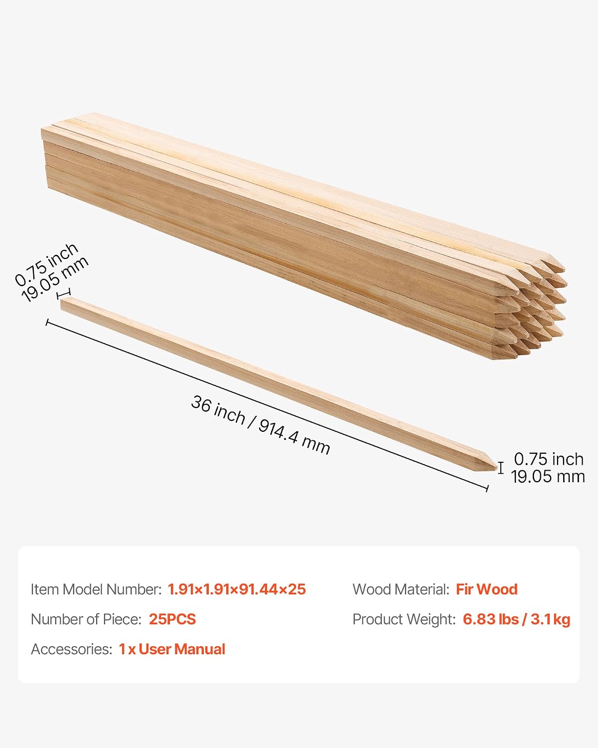 Wooden Garden Stakes, 50 Pcs 36x0.75x0.75 in Survey Grading Stakes, Garden Ground Stake with Sharp Point, Fir Wood Plant Support Stake, Sign Posts for Silt Fence Backyard Boundaries Baselines