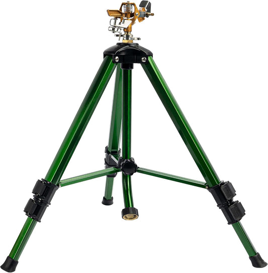 Impact Sprinkler on Tripod Base, Heavy Duty Brass Sprinklers for Yard Lawn Garden, 0-360 Degree Large Area Coverage, 3/4 Inch Connector Extension Legs Flip Locks with Brass Sprinkler Head