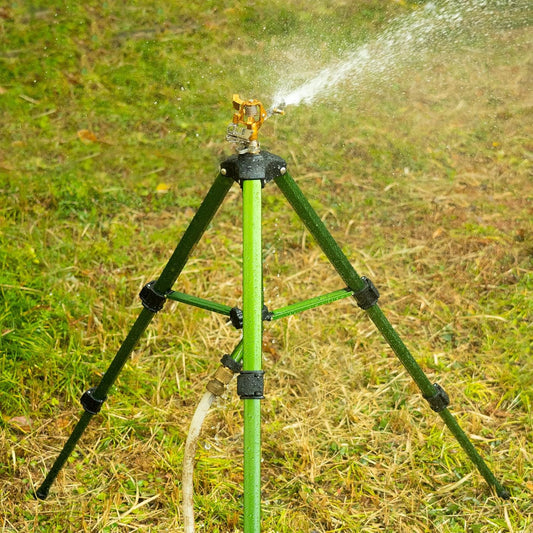 Impact Sprinkler on Tripod Base, Heavy Duty Brass Sprinklers for Yard Lawn Garden, 0-360 Degree Large Area Coverage, 3/4 Inch Connector Extension Legs Flip Locks with Brass Sprinkler Head