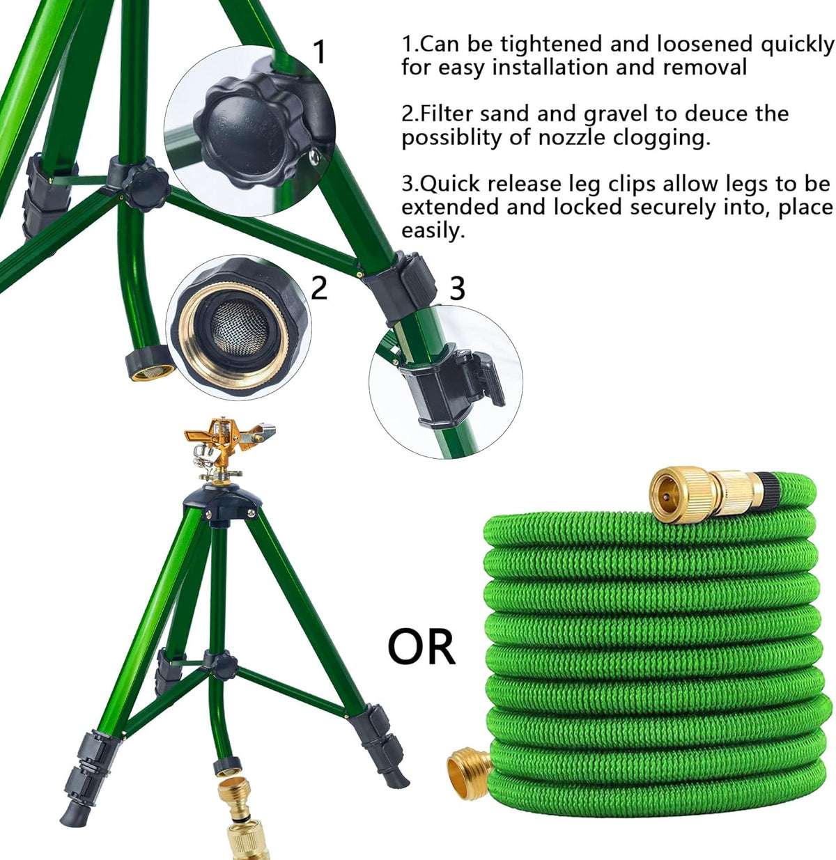 Impact Sprinkler on Tripod Base, Heavy Duty Brass Sprinklers for Yard Lawn Garden, 0-360 Degree Large Area Coverage, 3/4 Inch Connector Extension Legs Flip Locks with Brass Sprinkler Head