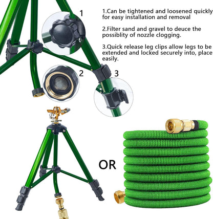 Impact Sprinkler on Tripod Base, Heavy Duty Brass Sprinklers for Yard Lawn Garden, 0-360 Degree Large Area Coverage, 3/4 Inch Connector Extension Legs Flip Locks with Brass Sprinkler Head
